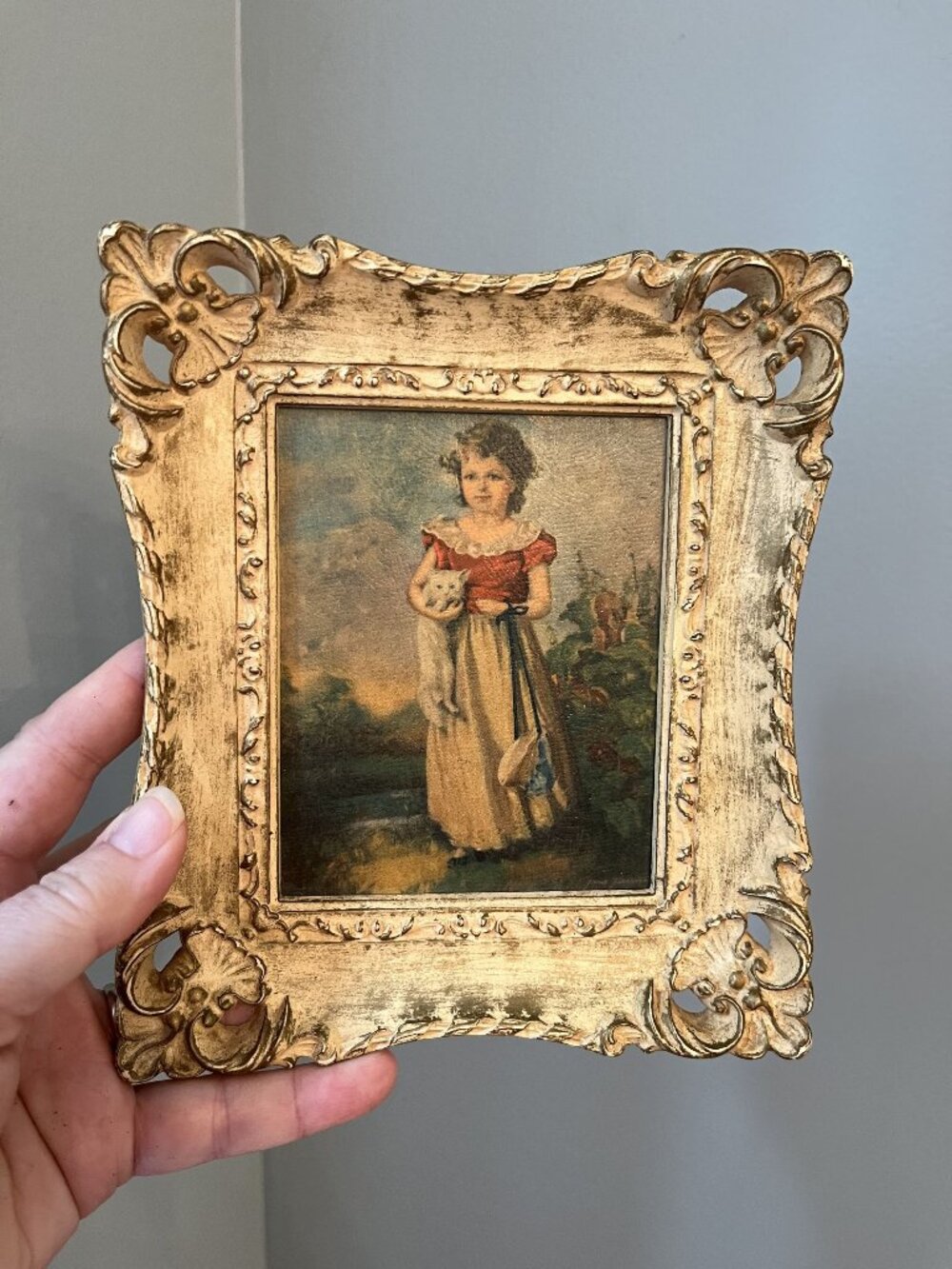 Vintage Jane Freeman Chums Print In Ornate Gold Frame 6.5"x5.5" Girl With Kitten